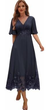 Formal Chiffon Dress Tea Length Sequin/Embroidered trim Blue Size 16 Wedding